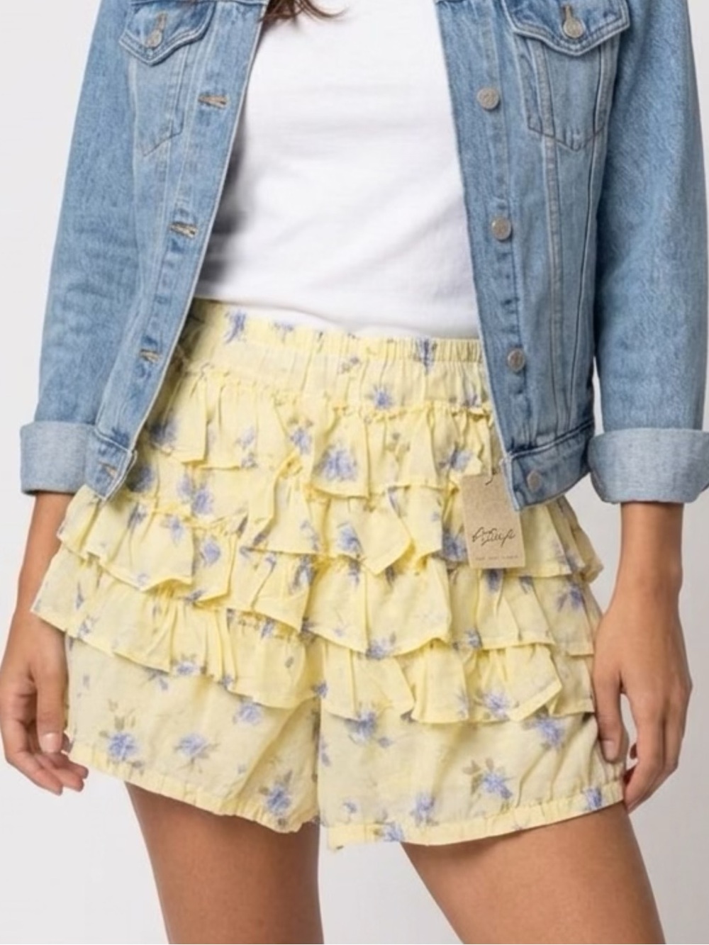 Free People Yellow Floral Ruffle High-Rise Shorts